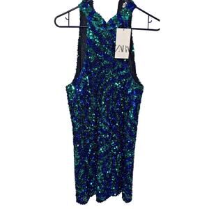 Zara emerald blue sequin racerback bodycon dress M NWT